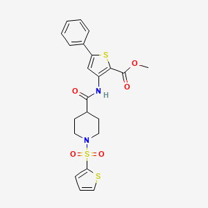 molecular formula C22H22N2O5S3 B2502042 Methyl 5-phenyl-3-(1-(thiophen-2-ylsulfonyl)piperidine-4-carboxamido)thiophene-2-carboxylate CAS No. 922701-40-4