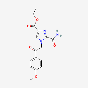 molecular formula C16H17N3O5 B2502377 ethyl 2-(aminocarbonyl)-1-[2-(4-methoxyphenyl)-2-oxoethyl]-1H-imidazole-4-carboxylate CAS No. 2108215-19-4