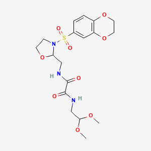 molecular formula C18H25N3O9S B2502443 N1-((3-((2,3-dihydrobenzo[b][1,4]dioxin-6-yl)sulfonyl)oxazolidin-2-yl)methyl)-N2-(2,2-dimethoxyethyl)oxalamide CAS No. 868982-41-6