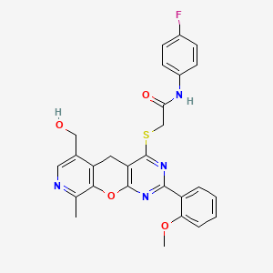 molecular formula C27H23FN4O4S B2502550 N-(4-fluorophenyl)-2-[[11-(hydroxymethyl)-5-(2-methoxyphenyl)-14-methyl-2-oxa-4,6,13-triazatricyclo[8.4.0.03,8]tetradeca-1(10),3(8),4,6,11,13-hexaen-7-yl]sulfanyl]acetamide CAS No. 892380-40-4