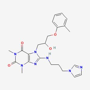 molecular formula C23H29N7O4 B2502807 7-[2-hydroxy-3-(2-methylphenoxy)propyl]-8-{[3-(1H-imidazol-1-yl)propyl]amino}-1,3-dimethyl-3,7-dihydro-1H-purine-2,6-dione CAS No. 333755-53-6