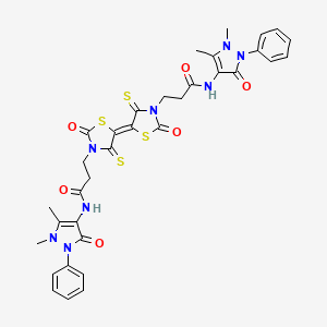 molecular formula C34H32N8O6S4 B2503018 N-(1,5-dimethyl-3-oxo-2-phenyl-2,3-dihydro-1H-pyrazol-4-yl)-3-{5-[(5E)-3-{2-[(1,5-dimethyl-3-oxo-2-phenyl-2,3-dihydro-1H-pyrazol-4-yl)carbamoyl]ethyl}-2-oxo-4-sulfanylidene-1,3-thiazolidin-5-ylidene]-2-oxo-4-sulfanylidene-1,3-thiazolidin-3-yl}propanamide CAS No. 303055-69-8