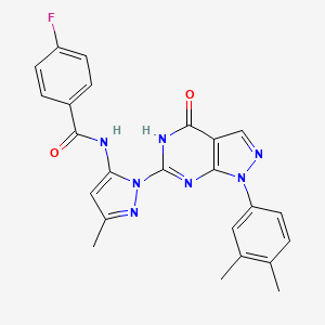 molecular formula C24H20FN7O2 B2503025 N-(1-(1-(3,4-dimethylphenyl)-4-oxo-4,5-dihydro-1H-pyrazolo[3,4-d]pyrimidin-6-yl)-3-methyl-1H-pyrazol-5-yl)-4-fluorobenzamide CAS No. 1172307-58-2