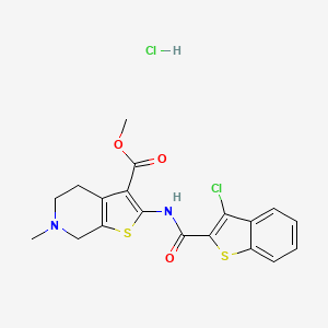 molecular formula C19H18Cl2N2O3S2 B2503133 Methyl 2-(3-chlorobenzo[b]thiophene-2-carboxamido)-6-methyl-4,5,6,7-tetrahydrothieno[2,3-c]pyridine-3-carboxylate hydrochloride CAS No. 1185011-76-0