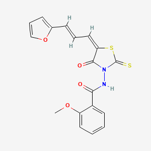 molecular formula C18H14N2O4S2 B2503222 N-[(5E)-5-[(2E)-3-(FURAN-2-YL)PROP-2-EN-1-YLIDENE]-4-OXO-2-SULFANYLIDENE-1,3-THIAZOLIDIN-3-YL]-2-METHOXYBENZAMIDE CAS No. 849009-42-3