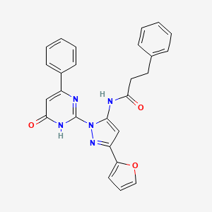 molecular formula C26H21N5O3 B2503335 N-(3-(Furan-2-yl)-1-(6-oxo-4-phenyl-1,6-dihydropyrimidin-2-yl)-1H-pyrazol-5-yl)-3-phenylpropanamide CAS No. 1207006-01-6