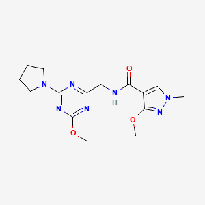 molecular formula C15H21N7O3 B2503407 3-methoxy-N-((4-methoxy-6-(pyrrolidin-1-yl)-1,3,5-triazin-2-yl)methyl)-1-methyl-1H-pyrazole-4-carboxamide CAS No. 2034277-88-6