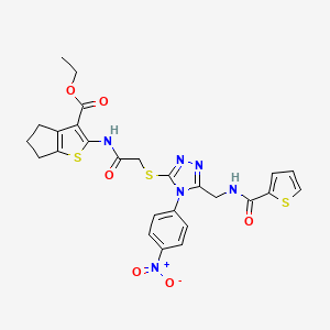 molecular formula C26H24N6O6S3 B2503588 ETHYL 2-(2-{[4-(4-NITROPHENYL)-5-{[(THIOPHEN-2-YL)FORMAMIDO]METHYL}-4H-1,2,4-TRIAZOL-3-YL]SULFANYL}ACETAMIDO)-4H,5H,6H-CYCLOPENTA[B]THIOPHENE-3-CARBOXYLATE CAS No. 393805-65-7