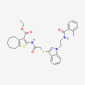 molecular formula C32H35N3O4S2 B2503592 ethyl 2-(2-((1-(2-(2-methylbenzamido)ethyl)-1H-indol-3-yl)thio)acetamido)-5,6,7,8-tetrahydro-4H-cyclohepta[b]thiophene-3-carboxylate CAS No. 532970-47-1