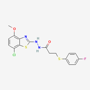 molecular formula C17H15ClFN3O2S2 B2503675 N'-(7-chloro-4-methoxy-1,3-benzothiazol-2-yl)-3-[(4-fluorophenyl)sulfanyl]propanehydrazide CAS No. 922822-01-3