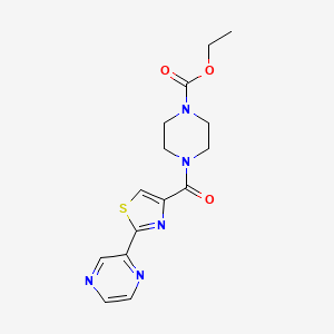 molecular formula C15H17N5O3S B2503754 Ethyl 4-(2-(pyrazin-2-yl)thiazole-4-carbonyl)piperazine-1-carboxylate CAS No. 913492-52-1