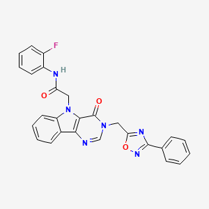 molecular formula C27H19FN6O3 B2503778 N-(2-fluorophenyl)-2-{4-oxo-3-[(3-phenyl-1,2,4-oxadiazol-5-yl)methyl]-3H,4H,5H-pyrimido[5,4-b]indol-5-yl}acetamide CAS No. 1112009-85-4