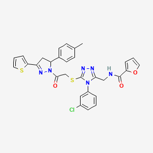 molecular formula C30H25ClN6O3S2 B2503958 N-{[4-(3-chlorophenyl)-5-({2-[5-(4-methylphenyl)-3-(thiophen-2-yl)-4,5-dihydro-1H-pyrazol-1-yl]-2-oxoethyl}sulfanyl)-4H-1,2,4-triazol-3-yl]methyl}furan-2-carboxamide CAS No. 393585-84-7