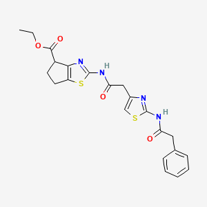molecular formula C22H22N4O4S2 B2504071 ethyl 2-(2-(2-(2-phenylacetamido)thiazol-4-yl)acetamido)-5,6-dihydro-4H-cyclopenta[d]thiazole-4-carboxylate CAS No. 1207045-96-2