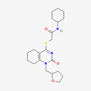 molecular formula C21H31N3O3S B2504098 N-cyclohexyl-2-((2-oxo-1-((tetrahydrofuran-2-yl)methyl)-1,2,5,6,7,8-hexahydroquinazolin-4-yl)thio)acetamide CAS No. 920250-25-5