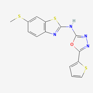molecular formula C14H10N4OS3 B2504125 N-(6-(methylthio)benzo[d]thiazol-2-yl)-5-(thiophen-2-yl)-1,3,4-oxadiazol-2-amine CAS No. 878061-72-4