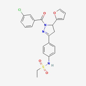 molecular formula C22H20ClN3O4S B2504351 N-{4-[1-(3-chlorobenzoyl)-5-(furan-2-yl)-4,5-dihydro-1H-pyrazol-3-yl]phenyl}ethane-1-sulfonamide CAS No. 852141-47-0