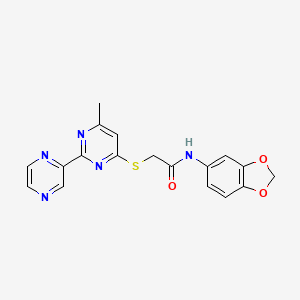molecular formula C18H15N5O3S B2504378 N-(2H-1,3-benzodioxol-5-yl)-2-{[6-methyl-2-(pyrazin-2-yl)pyrimidin-4-yl]sulfanyl}acetamide CAS No. 1189463-06-6