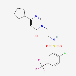 molecular formula C18H19ClF3N3O3S B2504706 2-chloro-N-(2-(4-cyclopentyl-6-oxopyrimidin-1(6H)-yl)ethyl)-5-(trifluoromethyl)benzenesulfonamide CAS No. 1797744-54-7