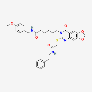 molecular formula C33H36N4O6S B2504817 N-[(4-methoxyphenyl)methyl]-6-[8-oxo-6-({[(2-phenylethyl)carbamoyl]methyl}sulfanyl)-2H,7H,8H-[1,3]dioxolo[4,5-g]quinazolin-7-yl]hexanamide CAS No. 688061-10-1
