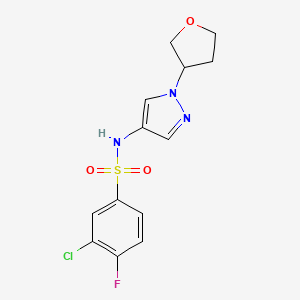 molecular formula C13H13ClFN3O3S B2504955 3-chloro-4-fluoro-N-(1-(tetrahydrofuran-3-yl)-1H-pyrazol-4-yl)benzenesulfonamide CAS No. 1797318-98-9