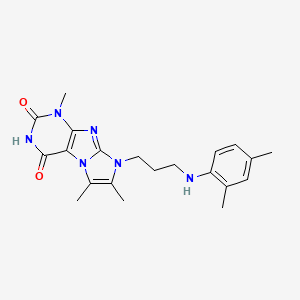 molecular formula C21H26N6O2 B2505196 8-(3-((2,4-dimethylphenyl)amino)propyl)-1,6,7-trimethyl-1H-imidazo[2,1-f]purine-2,4(3H,8H)-dione CAS No. 923687-60-9