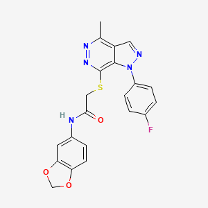 molecular formula C21H16FN5O3S B2505267 N-(2H-1,3-benzodioxol-5-yl)-2-{[1-(4-fluorophenyl)-4-methyl-1H-pyrazolo[3,4-d]pyridazin-7-yl]sulfanyl}acetamide CAS No. 1105236-07-4