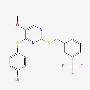 molecular formula C19H14BrF3N2OS2 B2505348 4-(4-Bromophenyl)sulfanyl-5-methoxy-2-[[3-(trifluoromethyl)phenyl]methylsulfanyl]pyrimidine CAS No. 339275-95-5