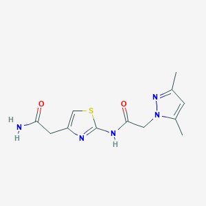 molecular formula C12H15N5O2S B2505351 N-(4-(2-氨基-2-氧代乙基)噻唑-2-基)-2-(3,5-二甲基-1H-吡唑-1-基)乙酰胺 CAS No. 1235361-41-7