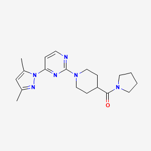 molecular formula C19H26N6O B2505453 (1-(4-(3,5-dimethyl-1H-pyrazol-1-yl)pyrimidin-2-yl)piperidin-4-yl)(pyrrolidin-1-yl)methanone CAS No. 1251624-70-0