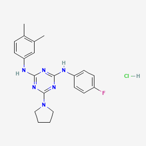 molecular formula C21H24ClFN6 B2505557 N2-(3,4-dimethylphenyl)-N4-(4-fluorophenyl)-6-(pyrrolidin-1-yl)-1,3,5-triazine-2,4-diamine hydrochloride CAS No. 1179441-16-7