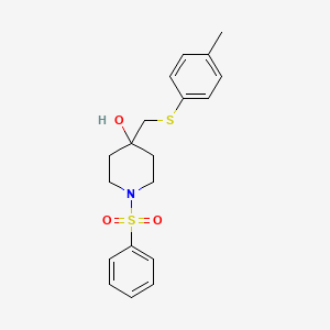 molecular formula C19H23NO3S2 B2505575 4-{[(4-Methylphenyl)sulfanyl]methyl}-1-(phenylsulfonyl)-4-piperidinol CAS No. 478029-36-6