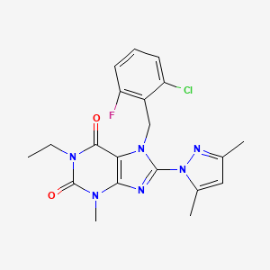 molecular formula C20H20ClFN6O2 B2505770 7-(2-chloro-6-fluorobenzyl)-8-(3,5-dimethyl-1H-pyrazol-1-yl)-1-ethyl-3-methyl-1H-purine-2,6(3H,7H)-dione CAS No. 1013969-74-8