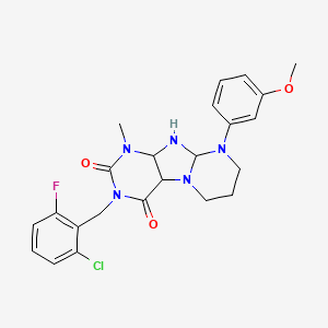 molecular formula C23H21ClFN5O3 B2506107 3-[(2-chloro-6-fluorophenyl)methyl]-9-(3-methoxyphenyl)-1-methyl-1H,2H,3H,4H,6H,7H,8H,9H-pyrimido[1,2-g]purine-2,4-dione CAS No. 844652-47-7