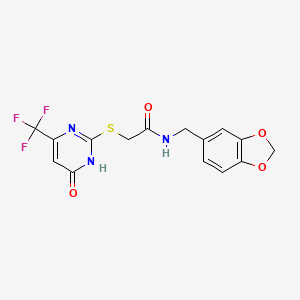 molecular formula C15H12F3N3O4S B2506190 N-(benzo[d][1,3]dioxol-5-ylmethyl)-2-((6-oxo-4-(trifluoromethyl)-1,6-dihydropyrimidin-2-yl)thio)acetamide CAS No. 899990-79-5