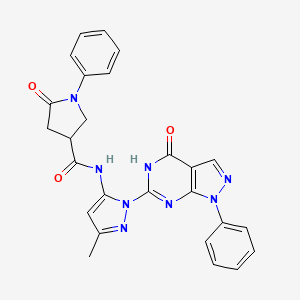 molecular formula C26H22N8O3 B2506210 N-(3-methyl-1-(4-oxo-1-phenyl-4,5-dihydro-1H-pyrazolo[3,4-d]pyrimidin-6-yl)-1H-pyrazol-5-yl)-5-oxo-1-phenylpyrrolidine-3-carboxamide CAS No. 1172893-21-8