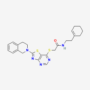 molecular formula C24H27N5OS2 B2506397 N-[2-(cyclohex-1-en-1-yl)ethyl]-2-{[2-(1,2,3,4-tetrahydroisoquinolin-2-yl)-[1,3]thiazolo[4,5-d]pyrimidin-7-yl]sulfanyl}acetamide CAS No. 1189989-54-5