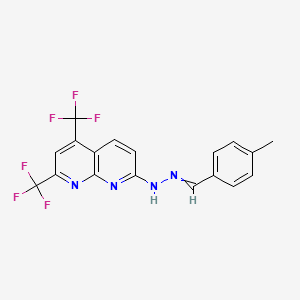 molecular formula C18H12F6N4 B2506450 N-[(4-methylphenyl)methylideneamino]-5,7-bis(trifluoromethyl)-1,8-naphthyridin-2-amine CAS No. 338962-11-1