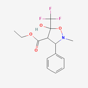 molecular formula C14H16F3NO4 B2506697 ethyl 5-hydroxy-2-methyl-3-phenyl-5-(trifluoromethyl)-1,2-oxazolidine-4-carboxylate CAS No. 321391-90-6