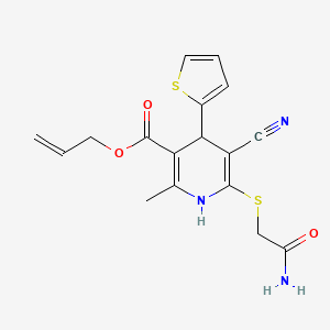 molecular formula C17H17N3O3S2 B2507114 PROP-2-EN-1-YL 6-[(CARBAMOYLMETHYL)SULFANYL]-5-CYANO-2-METHYL-4-(THIOPHEN-2-YL)-1,4-DIHYDROPYRIDINE-3-CARBOXYLATE CAS No. 369395-25-5