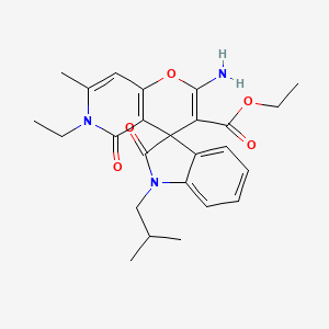 molecular formula C25H29N3O5 B2507193 Ethyl 2'-amino-6'-ethyl-7'-methyl-1-(2-methylpropyl)-2,5'-dioxo-1,2,5',6'-tetrahydrospiro[indole-3,4'-pyrano[3,2-c]pyridine]-3'-carboxylate CAS No. 879624-11-0