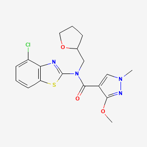 molecular formula C18H19ClN4O3S B2507315 N-(4-chloro-1,3-benzothiazol-2-yl)-3-methoxy-1-methyl-N-[(oxolan-2-yl)methyl]-1H-pyrazole-4-carboxamide CAS No. 1172018-38-0