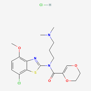 molecular formula C18H23Cl2N3O4S B2507383 N-(7-CHLORO-4-METHOXY-1,3-BENZOTHIAZOL-2-YL)-N-[3-(DIMETHYLAMINO)PROPYL]-5,6-DIHYDRO-1,4-DIOXINE-2-CARBOXAMIDE HYDROCHLORIDE CAS No. 1215755-60-4