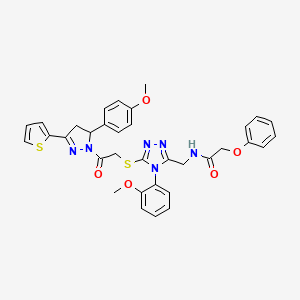 molecular formula C34H32N6O5S2 B2507454 N-{[4-(2-methoxyphenyl)-5-({2-[5-(4-methoxyphenyl)-3-(thiophen-2-yl)-4,5-dihydro-1H-pyrazol-1-yl]-2-oxoethyl}sulfanyl)-4H-1,2,4-triazol-3-yl]methyl}-2-phenoxyacetamide CAS No. 393585-18-7