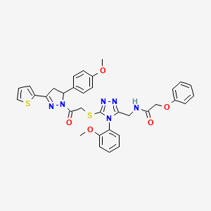 B2507454 N-[[4-(2-methoxyphenyl)-5-[2-[3-(4-methoxyphenyl)-5-thiophen-2-yl-3,4-dihydropyrazol-2-yl]-2-oxoethyl]sulfanyl-1,2,4-triazol-3-yl]methyl]-2-phenoxyacetamide CAS No. 393585-18-7
