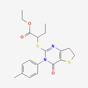 molecular formula C19H22N2O3S2 B2507563 ethyl 2-{[3-(4-methylphenyl)-4-oxo-3H,4H,6H,7H-thieno[3,2-d]pyrimidin-2-yl]sulfanyl}butanoate CAS No. 686771-84-6