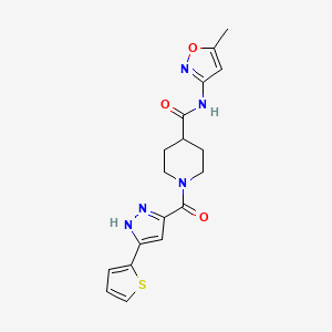 molecular formula C18H19N5O3S B2507677 N-(5-methyl-1,2-oxazol-3-yl)-1-[3-(thiophen-2-yl)-1H-pyrazole-5-carbonyl]piperidine-4-carboxamide CAS No. 1305281-48-4