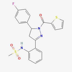 molecular formula C21H18FN3O3S2 B2507843 N-(2-(5-(4-fluorophenyl)-1-(thiophene-2-carbonyl)-4,5-dihydro-1H-pyrazol-3-yl)phenyl)methanesulfonamide CAS No. 923192-63-6