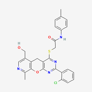molecular formula C27H23ClN4O3S B2507918 2-{[2-(2-chlorophenyl)-6-(hydroxymethyl)-9-methyl-5H-pyrido[4',3':5,6]pyrano[2,3-d]pyrimidin-4-yl]thio}-N-(4-methylphenyl)acetamide CAS No. 867040-68-4