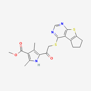 molecular formula C19H19N3O3S2 B2507938 methyl 2,4-dimethyl-5-(2-{7-thia-9,11-diazatricyclo[6.4.0.0^{2,6}]dodeca-1(8),2(6),9,11-tetraen-12-ylsulfanyl}acetyl)-1H-pyrrole-3-carboxylate CAS No. 315711-39-8